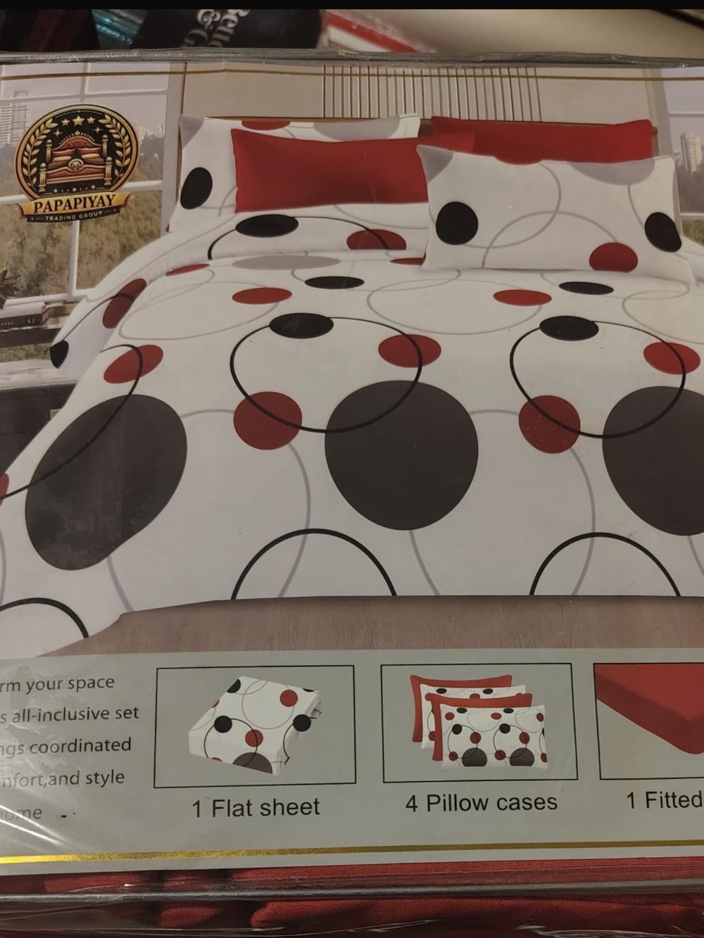 White, Red & Black Circle Print Bedding Set
